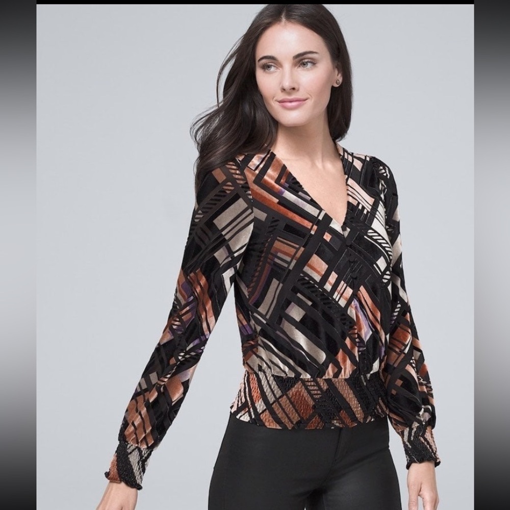 White House Black Market Geo Print Velvet Long Sleeve Blouse - Picture 1 of 8